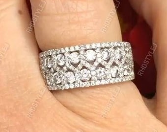 Art Deco Anniversary Band For Women, Unique Vintage Wide Wedding Band