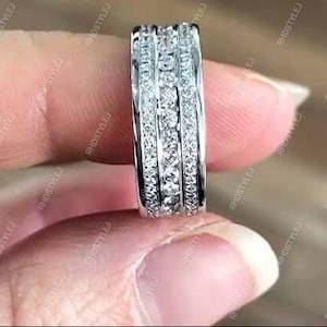 Moissanite Wide Wedding Band Women, Moissanite Eternity Band Ring, Chunky Anniversary Rings, Thick Promise Ring For Her, Unique Silver Band