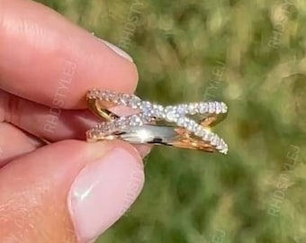 Crossover Ring, Criss Cross Wedding Band, X Cross Ring, Moissanite Stackable Rings, Gold Plated Silver Ring, Dainty Anniversary Rings Women