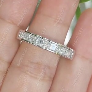 Channel Set Princess Cut Moissanite Wedding Band 10K White Gold Anniversary Band Stackable Promise Ring Matching Wedding Ring