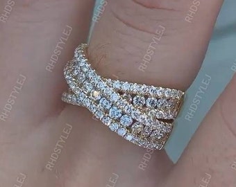 Crossover Moissanite Ring, Criss Cross Wedding Band, Crossover Statement Ring, Anniversary Rings For Women, Silver Multi Row Promise Ring