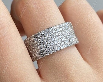 Wide Half Eternity Bands For Women, Thick Moissanite Anniversary Rings, Multi Row Statement Ring, Pave Wedding Band For Her, Promise Ring