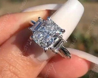 Radiant Cut CZ Diamond Ring, Three Stone Engagement Ring, Silver Promise Rings Women, Triple Rectangle Stone Ring, Lab Created Diamond Ring