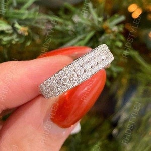 Art Deco Vintage Milgrain Band, Moissanite Wedding Band Women, 925 Silver Round Stone Band, Unique Stackable Rings, Three Row Eternity Band