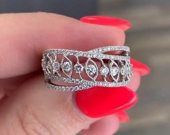 Anillo de encaje con estilo, anillo vintage de moissanita, anillos de aniversario Art Déco para mujer, alianza de plata única, anillo de encaje de media eternidad