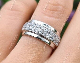 Wide Wedding Anniversary Bands For Women, Double Row Moissanite Pave Thick Band Ring