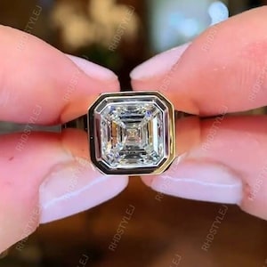 3.50 Ct Asscher Cut Moissanite Mens Ring, Bezel Set Asscher Cut Engagement Ring, Two Tone Silver Men&#39;s Solitaire Ring, Promise Ring For Him