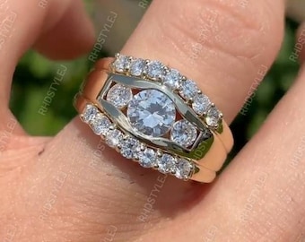 Unico anello di fidanzamento a 3 pietre, tre anelli Moissanite in pietra per le donne, anello di promessa largo in stile Art Déco per lei, anello nuziale in argento 925