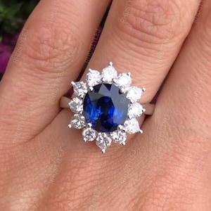 Round Sapphire Halo Engagement Ring, Princess Diana Inspired Ring, Celebrity Style Ring, September Birthstone Ring, Silver Party Wear Ring