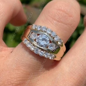 Unique 3 Stone Engagement Ring, Three Stone Moissanite Rings For Women, Art Deco Style Wide Promise Ring For Her, 925 Silver Wedding Ring
