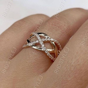 Moissanite Crossover Ring, Intertwined Ring, Minimalist Wedding Ring, Criss Cross Gold Ring, Delicate Infinity Promise Ring, Unique Ring
