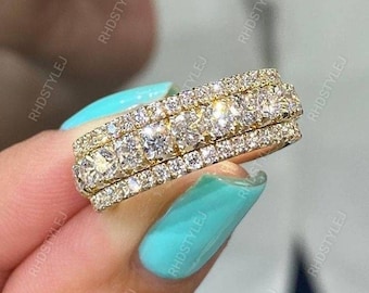 Moissanite Wide Wedding Band, Art Deco Moissanite Band Ring, Vintage Anniversary Bands Women, Three Row Band, 925 Sterling Silver Ring,