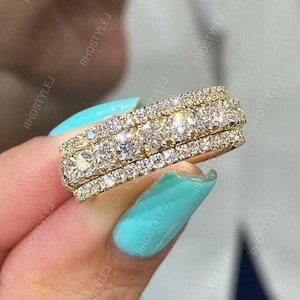 Moissanite Wide Wedding Band, Art Deco Moissanite Band Ring, Vintage Anniversary Bands Women, Three Row Band, 925 Sterling Silver Ring,