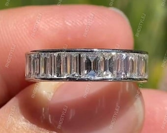Anello nuziale con taglio baguette incastonato a canale da donna, anello dell'eternità completo con diamanti CZ, anelli impilabili in argento, anelli per anniversario, anello con pietra rettangolare