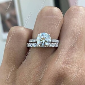 Solitaire Engagement Ring Sets, 925 Silver Round Moissanite Wedding Ring Set, Promise Rings For Women, Unique Bridal Matching Band Ring