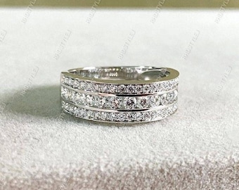 Three Row Moissanite Eternity Wedding Band Women, Round Eternity Band, 925 Silver Wide Band Ring, Channel Set Anniversary Ring, Promise Ring