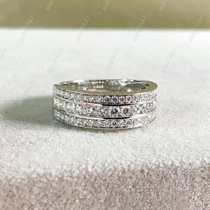 Three Row Moissanite Eternity Wedding Band Women, Round Eternity Band, 925 Silver Wide Band Ring, Channel Set Anniversary Ring, Promise Ring