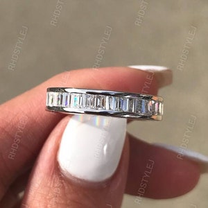 Channel Set Baguette Moissanite Band, Full Eternity Wedding Band Women, Stackable Anniversary Band, 925 Silver Wedding Ring, Classic Band