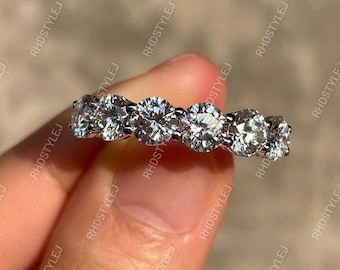 6 Stone Moissanite Ring, Round Moissanite Wedding Band Women, Anniversary Rings, 925 Silver Stacking Ring, Six Stone Promise Ring