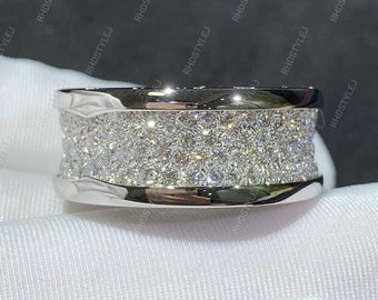Micro Pave Moissanite Mens Ring, Multi Row Diamond Mens Wedding Band, Full Eternity Band, Anniversary Rings For Husband, 925 Silver Ring