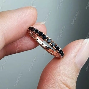 Black Stones Full Eternity Band, Stackable Wedding Band For Women, Stacking Matching Band, Solid Gold Anniversary Band, Bridal Wedding Ring