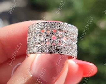 Vintage Wide Band Rings For Women, Art Deco Anniversary Bands, Wide Moissanite Diamond Band, Half Eternity Band, Unique Thick Wedding Band