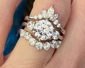 3 Stone Moissanite Wedding Ring Set, Moissanite Bridal Sets For Women, Trio Engagement Rings Set, 3 Piece Ring Set, 925 Silver Promise Ring