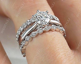 Art Deco Moissanite Bridal Ring Set, 3 Pieces Wedding Ring Set For Women, Silver Solitaire Engagement Ring With Two Matching Eternity Band