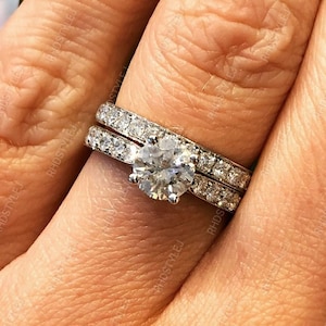Moissanite Anello di Fidanzamento Solitario con Fede Nuziale Eternità Completa Abbinata, Set di Anelli da Sposa per Donne, Set di Anelli Promessa in Argento da 2 Pezzi