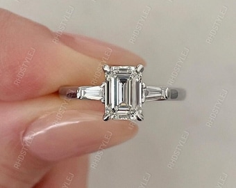 2ct Emerald Cut And Baguette Cut Three Stone Engagement Ring, Emerald Cut 3 Stone Moissanite Ring For Women, 10K White Gold Anniversary Ring