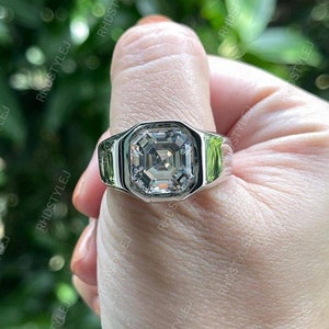 925 Sterling Silver Mens Moissanite Ring, Asscher Cut Solitaire Engagement Ring, Men&#39;s Solitaire Ring, Bezel Set Diamond Ring, Promise Ring