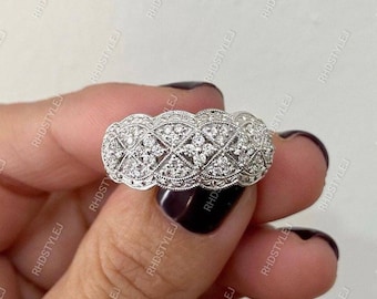 Art Deco Vintage Anniversary Ring, Antique Style Moissanite Wedding Band, Unique 925 Sterling Silver Rings For Women, Wide Milgrain Band