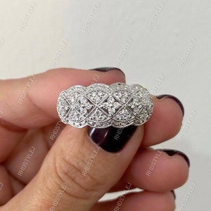 Art Deco Vintage Anniversary Ring, Antique Style Moissanite Wedding Band, Unique 925 Sterling Silver Rings For Women, Wide Milgrain Band