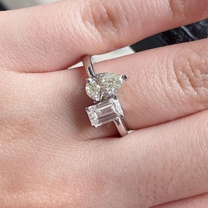 Two Stone Moissanite Engagement Ring, Toi Et Moi Ring Women, Pear Shaped And Emerald Cut Double Stone Ring, Anniversary Ring, Promise Ring