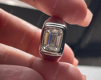 Solitär Ring für Männer, Moissanite Siegelring, Lünette Set Smaragdschliff Verlobungsring, Silber Pinky Ring, Versprechen Ring für Ihn, Ehering