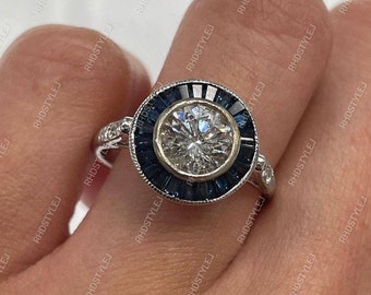 Art Deco Sapphire Halo Engagement Ring, Vintage Sapphire Target Ring, Bezel Set Moissanite Ring, Unique Promise Rings For Women, 925 Silver