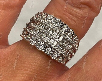Wide Moissanite Diamond Band, Antique Vintage Wedding Band, Art Deco Cocktail Band, Silver Anniversary Rings For Women, Half Eternity Band