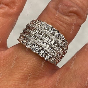Wide Moissanite Diamond Band, Antique Vintage Wedding Band, Art Deco Cocktail Band, Silver Anniversary Rings For Women, Half Eternity Band