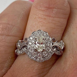 Conjunto de anillo de novia vintage, conjunto de anillo de boda Art Deco para mujer, anillo de moissanita ovalado único, anillo de compromiso antiguo, banda de boda a juego
