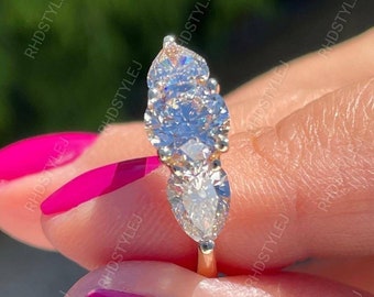 Anillo de plata de ley 925 Moissanite 3 Stone, anillo de compromiso de tres piedras, anillo de moissanite redondo y pera, anillos de promesa de diamantes para mujeres