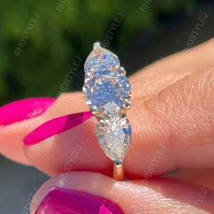 925 Sterling Silver Moissanite 3 Stone Ring, Three Stone Engagement Ring, Round And Pear Moissanite Ring, Diamond Promise Rings For Women