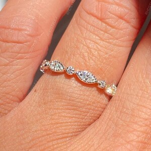Art Deco Vintage Wedding Bands Women, Milgrain Full Eternity Band, Unique Stacking Ring, Moissanite Stackable Rings, Gold Anniversary Band