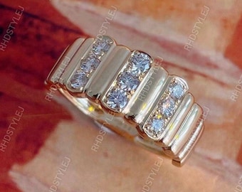 Moissanite Diamond Chunky Band Ring, Moissanite Anniversary Bands, Unique Vintage Wedding Band, Wide Band Ring Women, Ribbed Statement Band