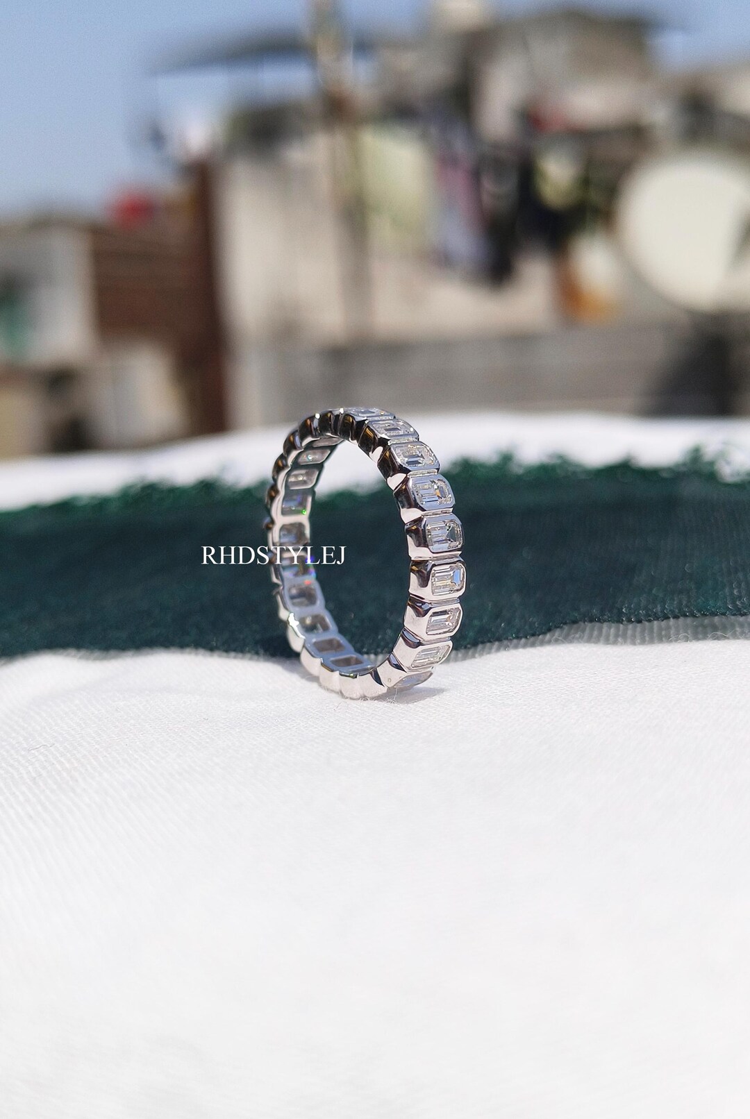 Emerald Cut Bezel Set Eternity Wedding Band, Lab Grown Diamond Stacking ...