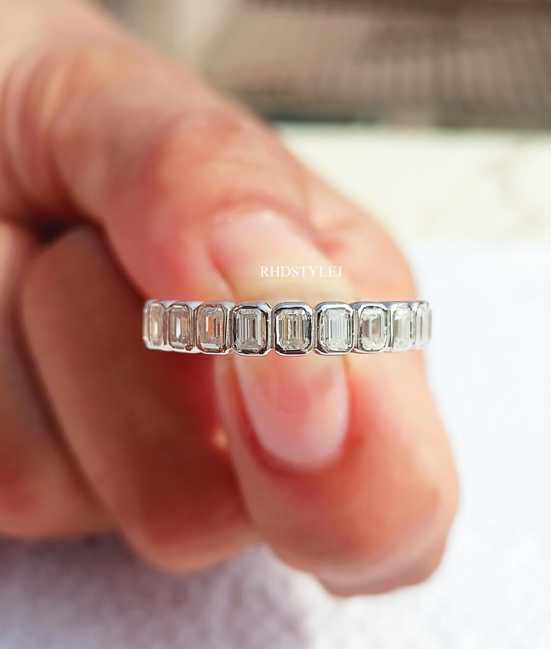 Emerald Cut Bezel Set Half Eternity Band, Lab Grown Diamond Stackable ...