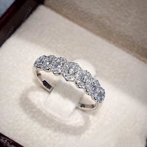 Moissanite Anniversary Rings For Women, 7 Stone Halo Wedding Band, Moissanite Diamond Band, Bridal Matching Band, Graduated Band