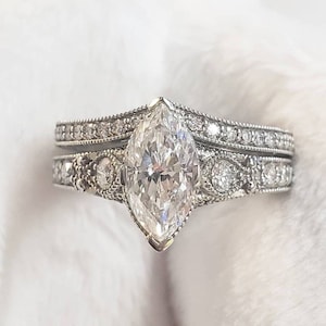 Vintage Wedding Ring Set, Art Deco Milgrain Bridal Engagement Rings Set, Marquise Cut Moissanite Ring, 925 Silver Matching Eternity Band