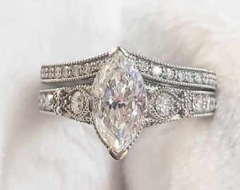 Vintage Wedding Ring Set, Art Deco Milgrain Bridal Engagement Rings Set, Marquise Cut Moissanite Ring, 925 Silver Matching Eternity Band