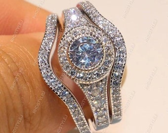 Set di 3 fedi nuziali in argento per donna, set di fedi nuziali vintage Art Déco, anelli di fidanzamento con moissanite in tre pezzi, 2 fasce curve abbinate