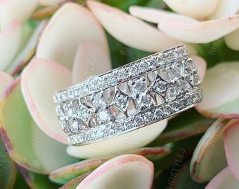 925 Silver Vintage Anniversary Rings, Art Deco Moissanite Band, Wide Wedding Bands Women, Unique Half Eternity Band, 9mm Thick Diamond Band